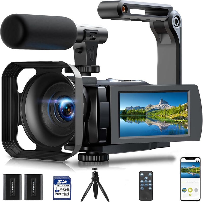 FIREFOTO Camcorder Video Camera, 5K Video Cameras for Filming Night Vision Vlogging Camera for YouTube with 3" Touch Screen, Digital Camcorder with 16X Zoom Wifi Microphone Remote Tripod 64GB Card 2 Batteries - Image 1